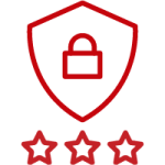 Line art image of a shield with a lock symbol with 3 stars