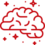 Line art image of a brain with sparks