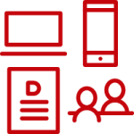 Line art image of a laptop, smartphone, written document, and in-person meeting