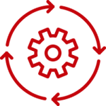 Line art image of arrows going around a gear